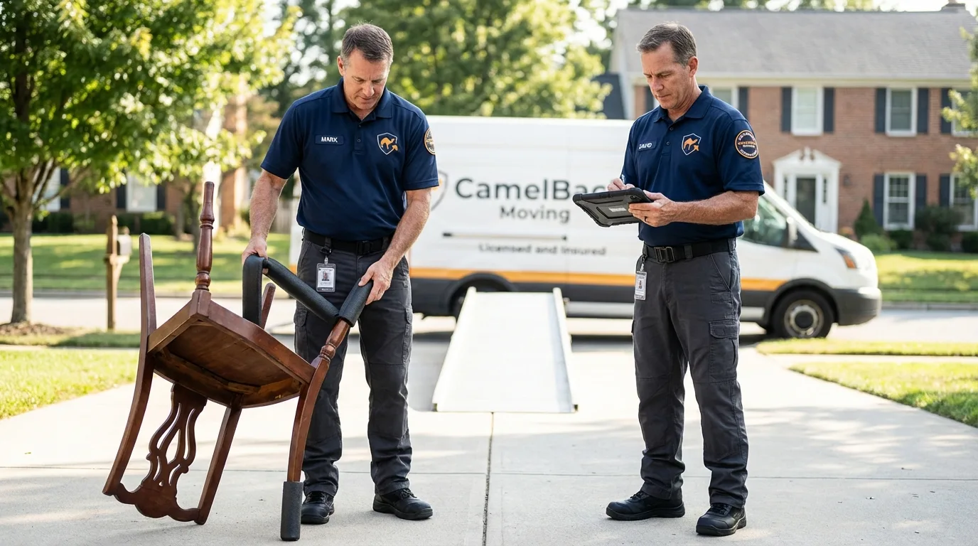 Movers inspecting furniture for damage prevention before loading in Wurtsboro, NY