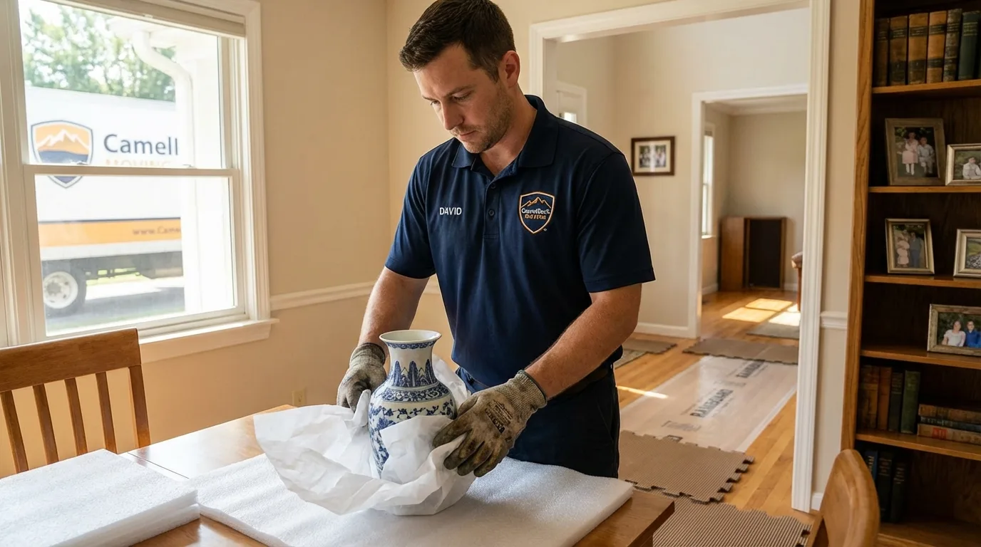 Professional crew carefully wrapping antique vase for senior downsizing move in Wurtsboro, NY
